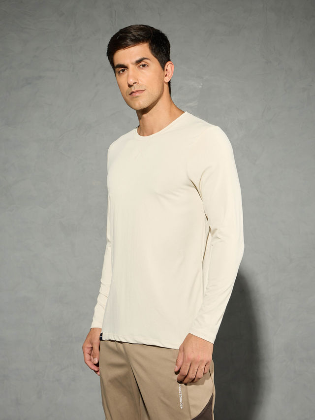 Technosport Men's Poly Solid Slim Fit Round Neck Full Sleeve Sports T-shirt | Oat Meal - 2XL