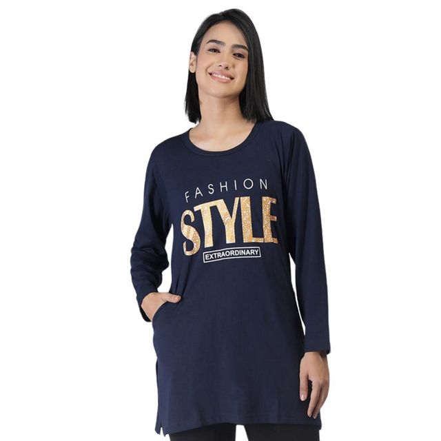 Duchess Women's Regular Fit Stylish Long T-shirt | Navy Blue - 4XL