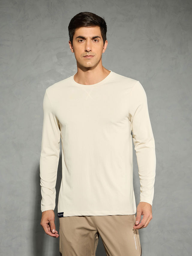 Technosport Men's Poly Solid Slim Fit Round Neck Full Sleeve Sports T-shirt | Oat Meal - 2XL