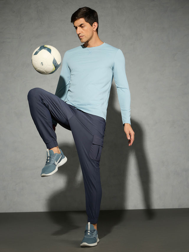 Technosport Men's Poly Solid Slim Fit Round Neck Full Sleeve Sports T-shirt | Smoke Blue - XL