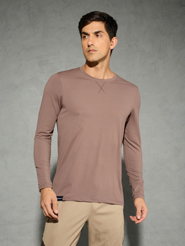 Technosport Men's Poly Solid Slim Fit Round Neck Full Sleeve Sports T-shirt | Deep Taupe - 2XL