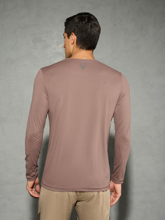 Technosport Men's Poly Solid Slim Fit Round Neck Full Sleeve Sports T-shirt | Deep Taupe - 2XL