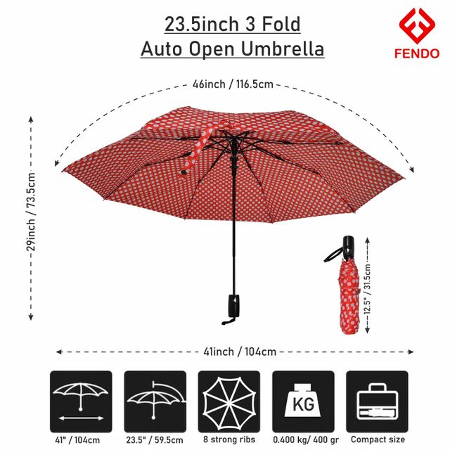 Fendo Bobby 3 Fold Auto Open 23.5 Inch Sun & Rainproof Regular Umbrella For Men & Women | Red Dots