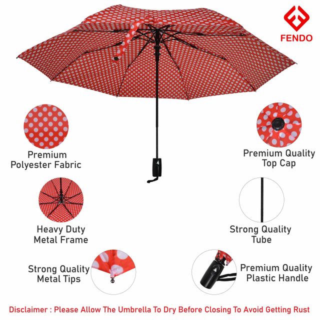 Fendo Bobby 3 Fold Auto Open 23.5 Inch Sun & Rainproof Regular Umbrella For Men & Women | Red Dots