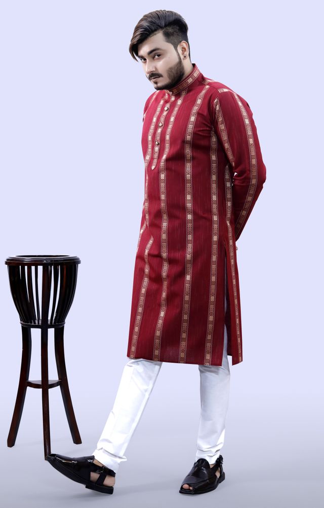 Tibra Collection Men Straight Kurta - Maroon | Striped | Cotton Blend | S
