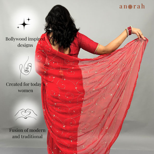 Anorah Red Heavy Work Chiffon Saree For Karwa Chauth