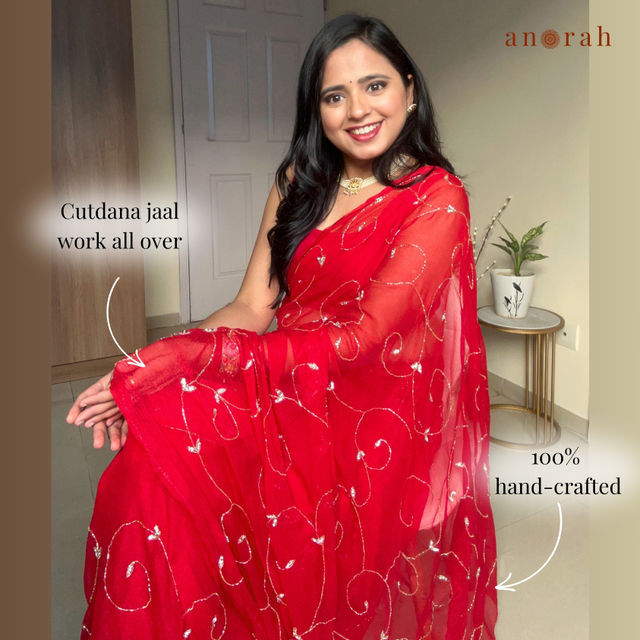Anorah Red Heavy Work Chiffon Saree For Karwa Chauth