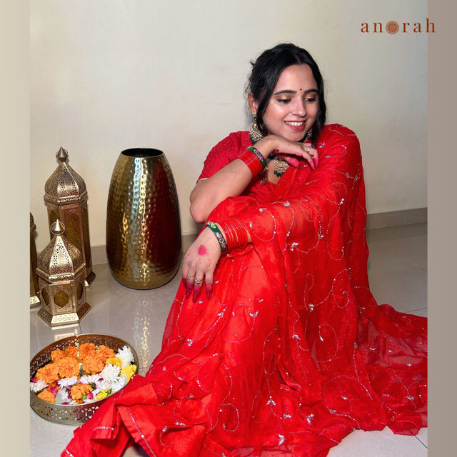 Anorah Red Heavy Work Chiffon Saree For Karwa Chauth