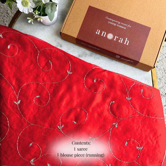 Anorah Red Heavy Work Chiffon Saree For Karwa Chauth