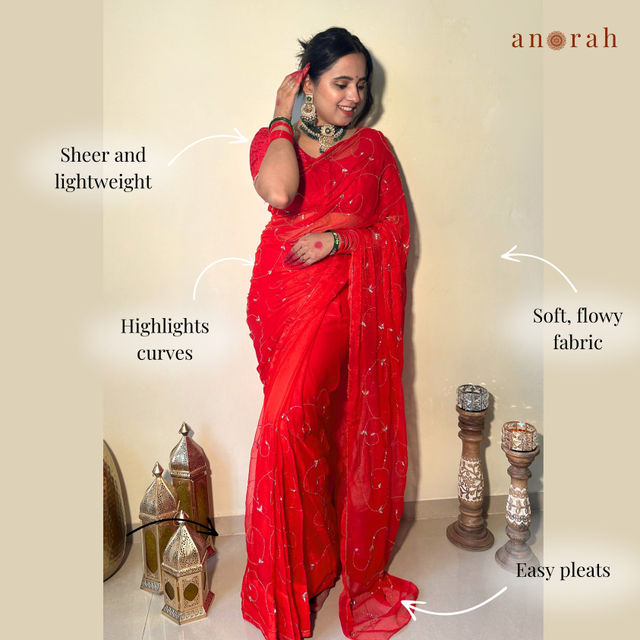 Anorah Red Heavy Work Chiffon Saree For Karwa Chauth
