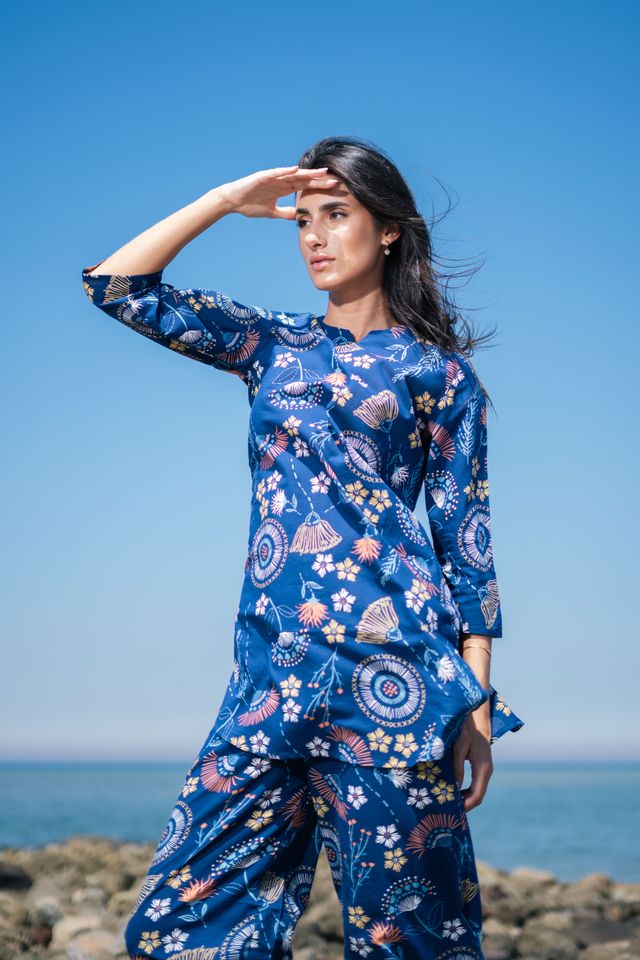 Sanskrutihomes Ethnic Motif Pure Cotton Top & Trouser Co-Ord Set | Navy Blue - L