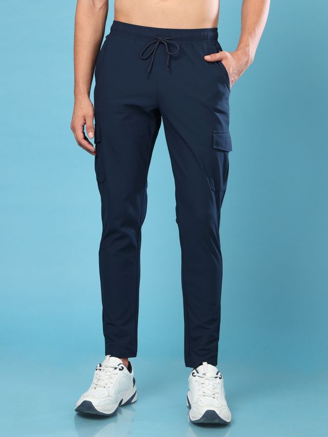 Technosport Men Poly Solid Relax Fit Sports Cargo Trackpants with DURACOOL+ | Navy | M