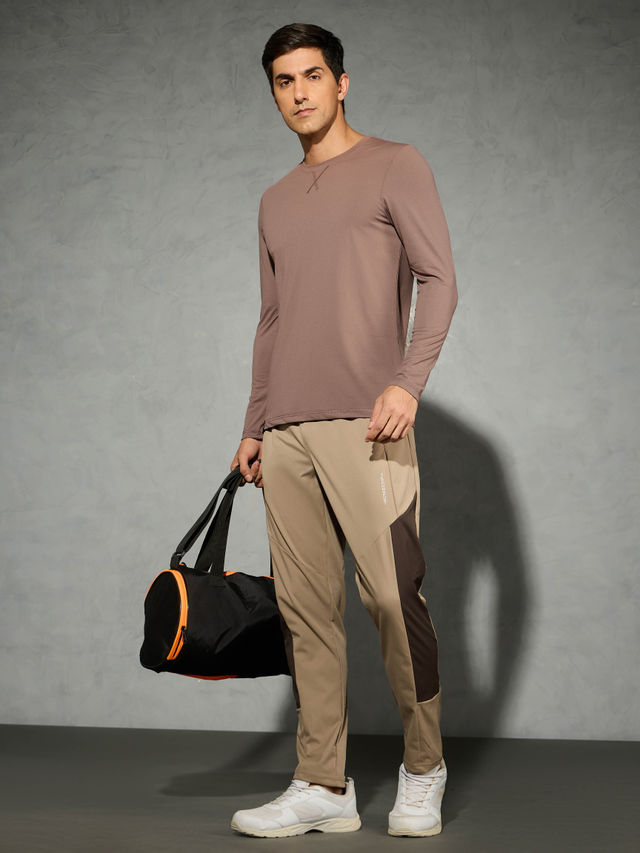 Technosport Men's Poly Solid Slim Fit Round Neck Full Sleeve Sports T-shirt | Deep Taupe - 2XL