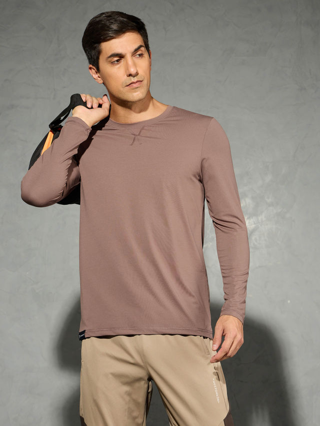 Technosport Men's Poly Solid Slim Fit Round Neck Full Sleeve Sports T-shirt | Deep Taupe - 2XL