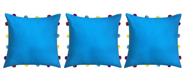 Lushomes Cushion Cover with Pom Pom - Blue | 14 x 14 inch