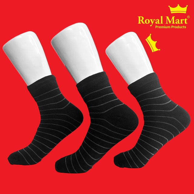 Royal Mart Unisex Striped Cotton Blend Calf Socks | Black - Free Size