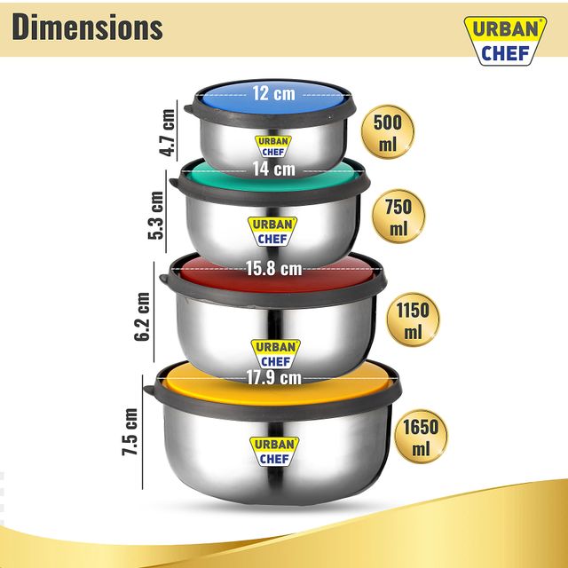 Urban Chef Fresca Stainles 5 Pcs | | 375 Ml + 625 Ml + 1000 Ml + 1375 Ml - Multi Color