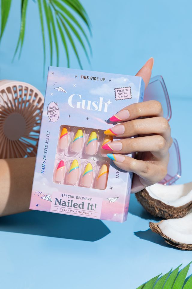Gush Beauty Nailed It | Reusable Luxury Press On Nails | Medium Almond | Candy Land | Nude & Gold
