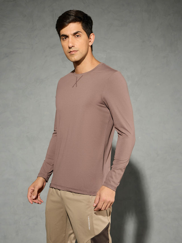 Technosport Men's Poly Solid Slim Fit Round Neck Full Sleeve Sports T-shirt | Deep Taupe - 2XL