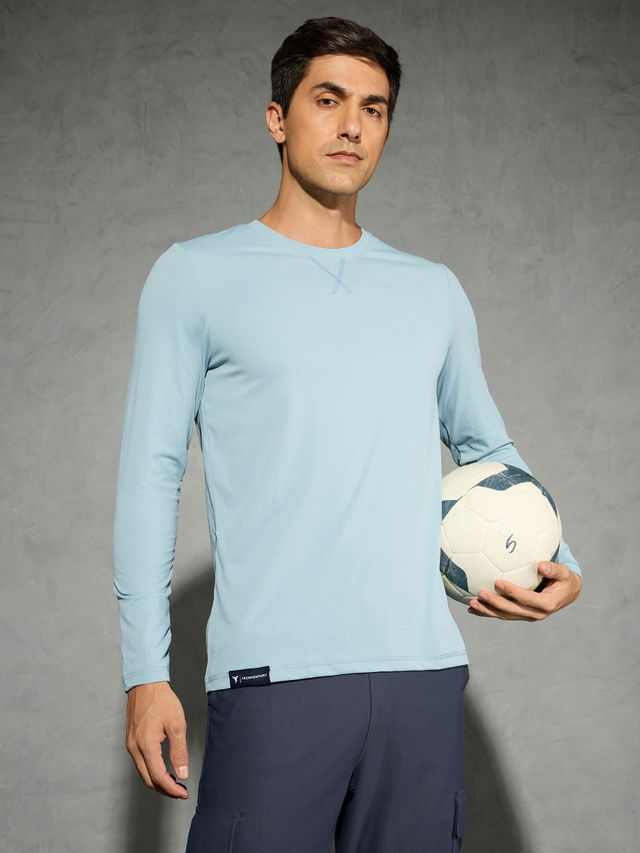 Technosport Men's Poly Solid Slim Fit Round Neck Full Sleeve Sports T-shirt | Smoke Blue - XL