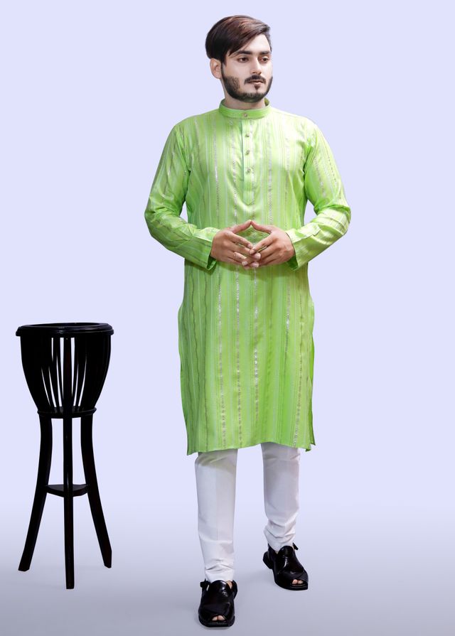 Tibra Collection Men Kurta - Green | Solid | Thin Striped | Cotton Blend | XL