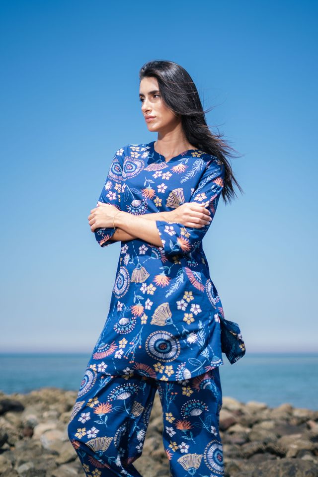 Sanskrutihomes Ethnic Motif Pure Cotton Top & Trouser Co-Ord Set | Navy Blue - L