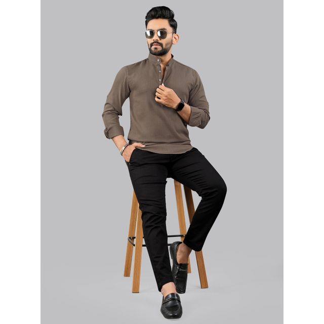 Allan Peter Men's Plain Short Kurta - Brown | XXL