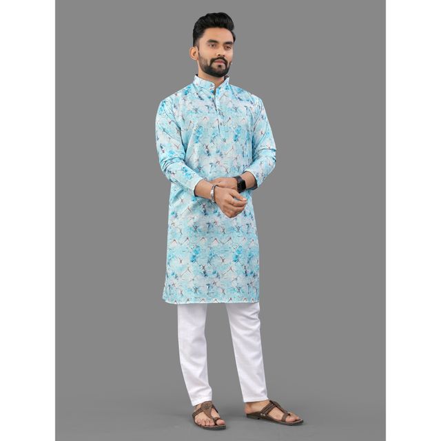 Allan Peter Men's Print Long Kurta - Blue | L