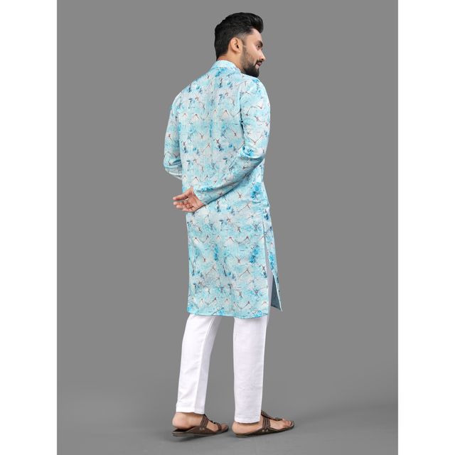 Allan Peter Men's Print Long Kurta - Blue | L