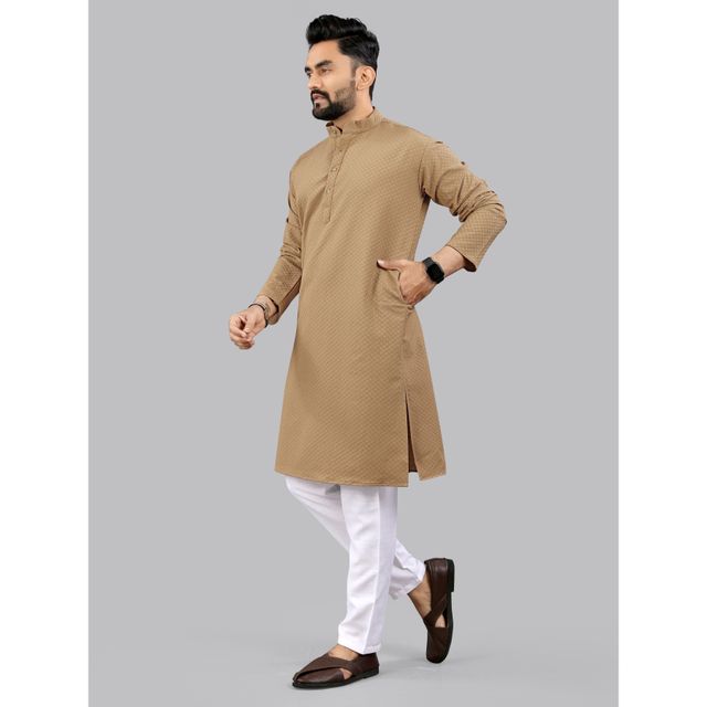 Allan Peter Men's Embroidery Long Kurta - Beige | XL