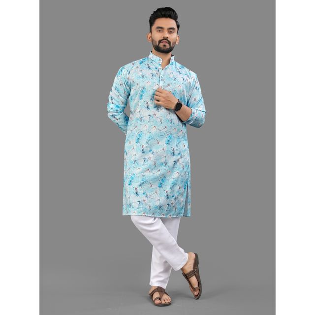 Allan Peter Men's Print Long Kurta - Blue | L