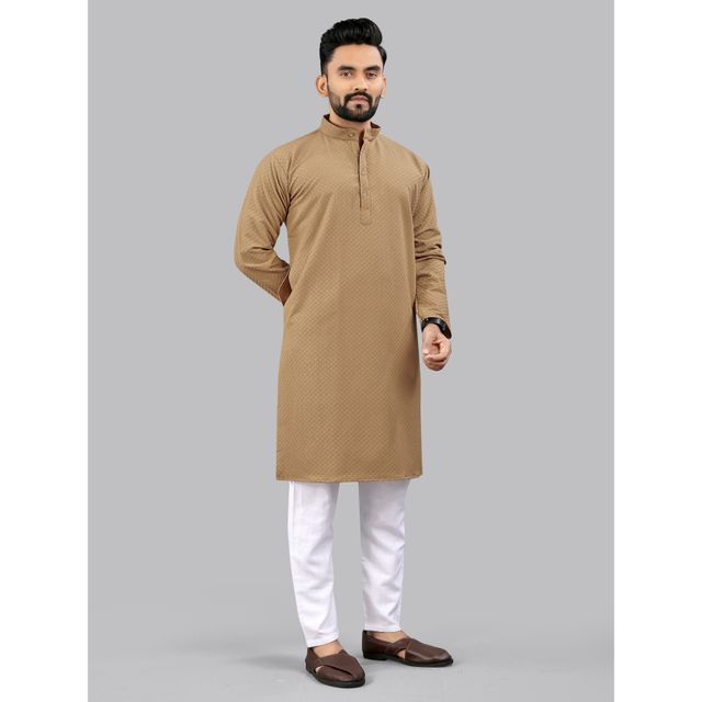 Allan Peter Men's Embroidery Long Kurta - Beige | XL