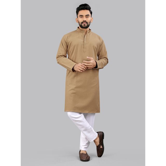 Allan Peter Men's Embroidery Long Kurta - Beige | XL