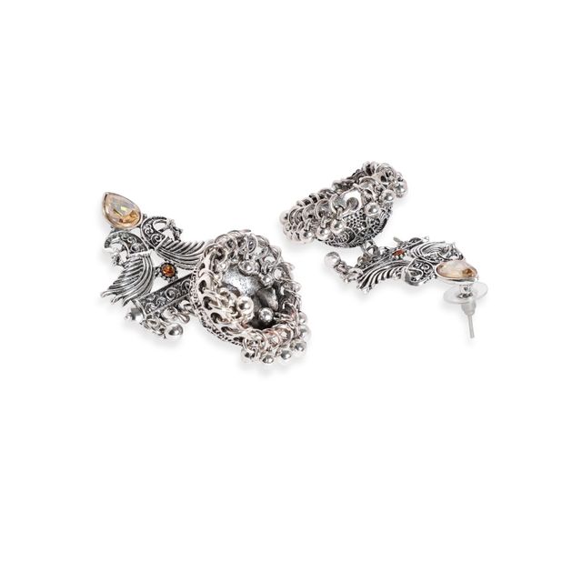 Rubans Oxidised Silver Plated Orange & Yellow Stone Studded Ghungroo Beaded Jhumka