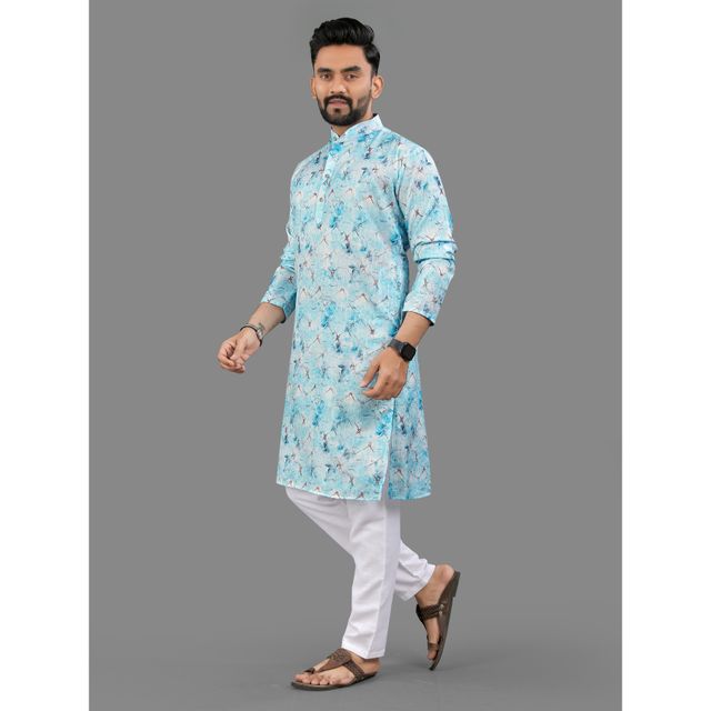 Allan Peter Men's Print Long Kurta - Blue | L