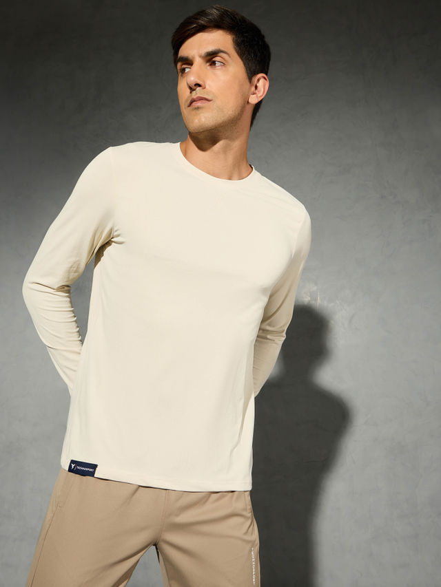 Technosport Men's Poly Solid Slim Fit Round Neck Full Sleeve Sports T-shirt | Oat Meal - 2XL