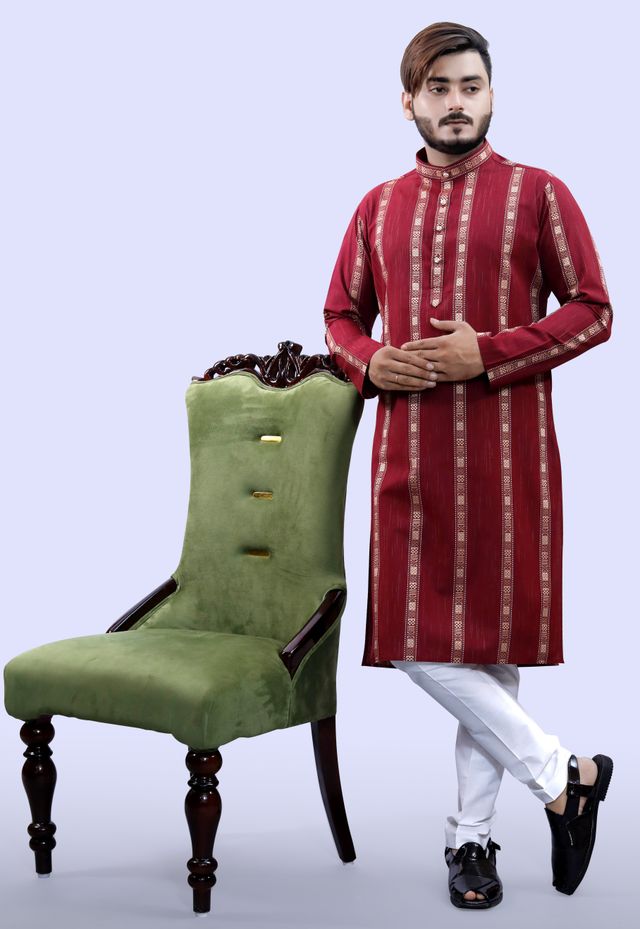 Tibra Collection Men Straight Kurta - Maroon | Striped | Cotton Blend | S