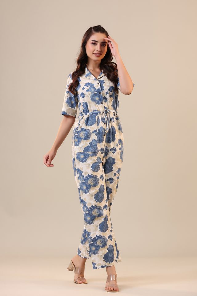 Jisora Women's Off white Cotton Flex Jumpsuit | M - JS1863