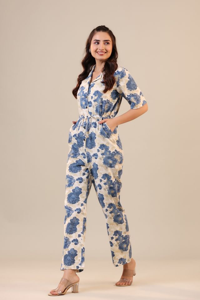 Jisora Women's Off white Cotton Flex Jumpsuit | M - JS1863