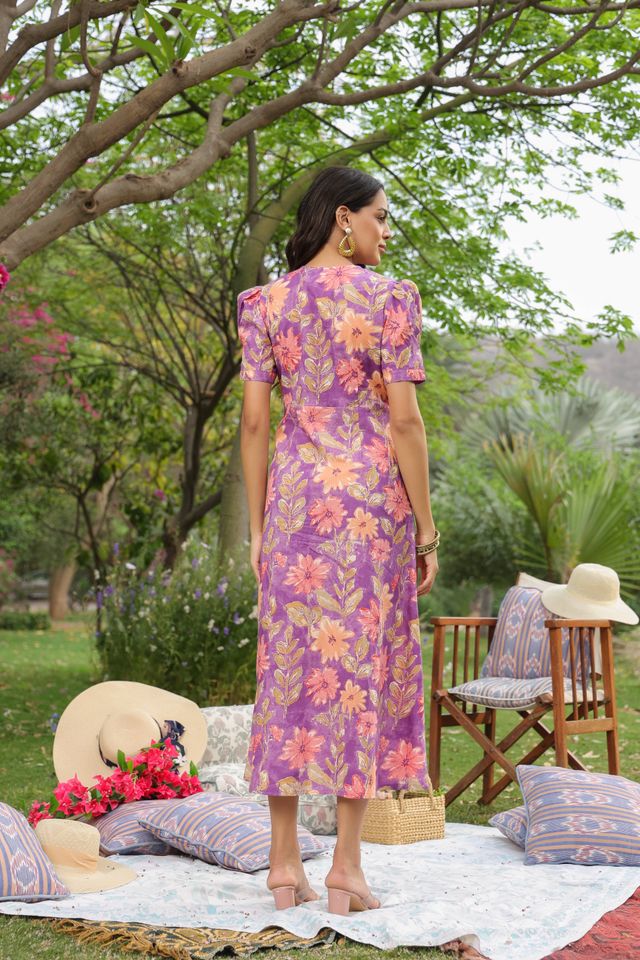 Jisora Women's Floral Cotton Dress | Purple - S