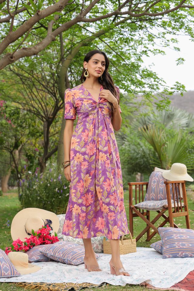 Jisora Women's Floral Cotton Dress | Purple - S