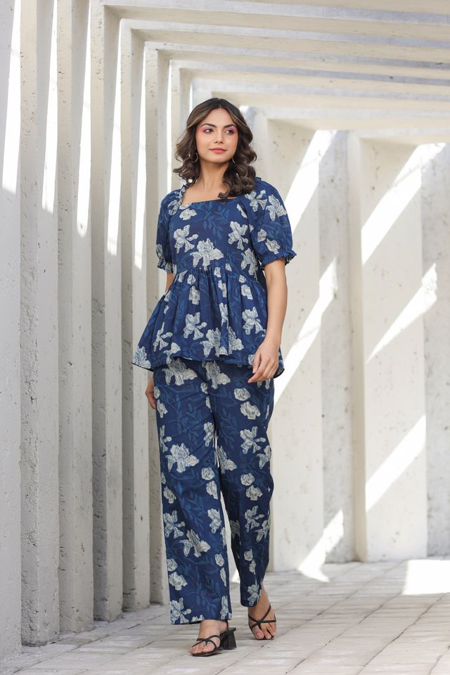 Jisora Women's Blue Cotton Co-ord Sets | L - CS1786