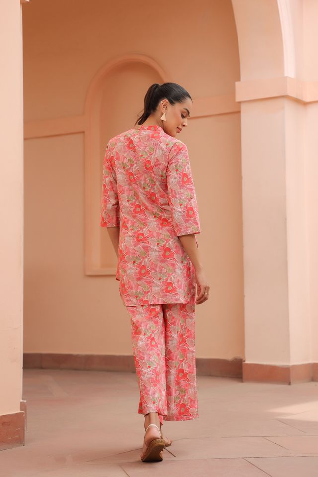 Jisora Women's Printed Cotton Co-ord Set | Pink - 2XL