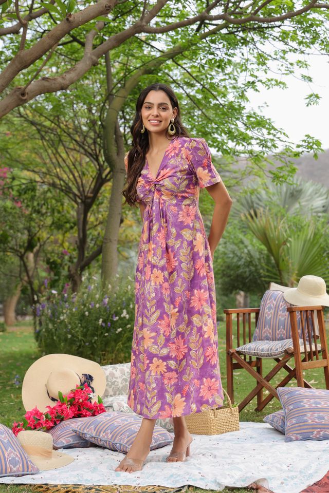 Jisora Women's Floral Cotton Dress | Purple - S