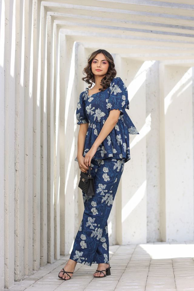 Jisora Women's Blue Cotton Co-ord Sets | L - CS1786