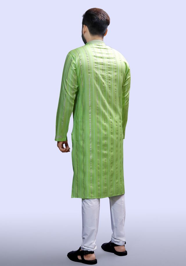 Tibra Collection Men Kurta - Green | Solid | Thin Striped | Cotton Blend | XL