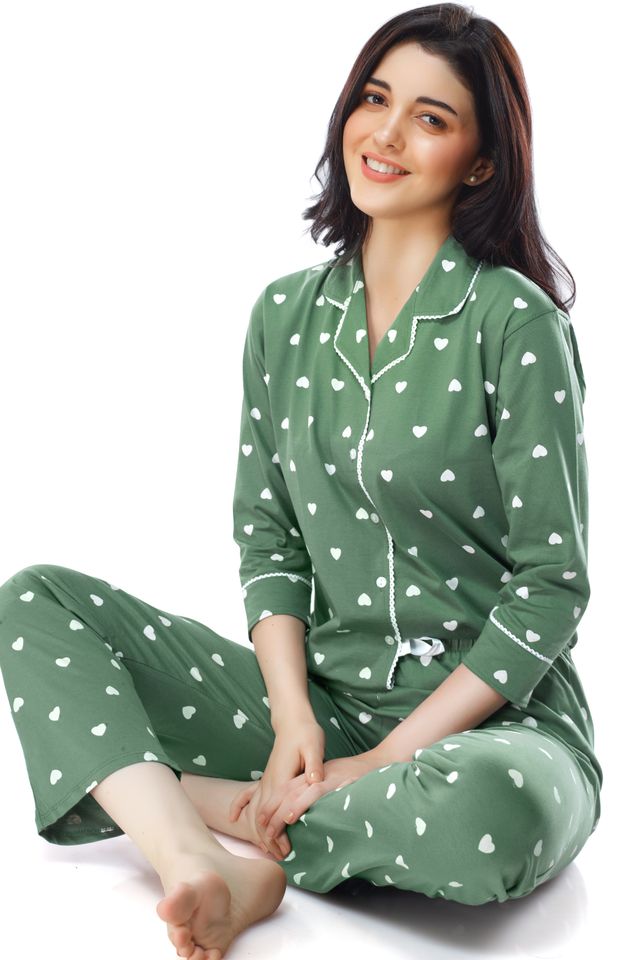 Zeyo Women's Cotton Heart Printed Green Night Suit Set of Shirt & Pyjama | 5274-S