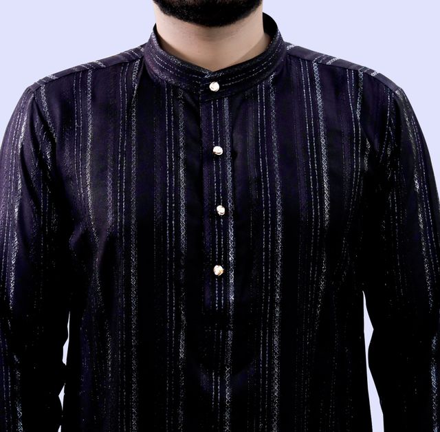 Tibra Collection Men Kurta - Black | Solid | Thin Striped | Cotton Blend | XL