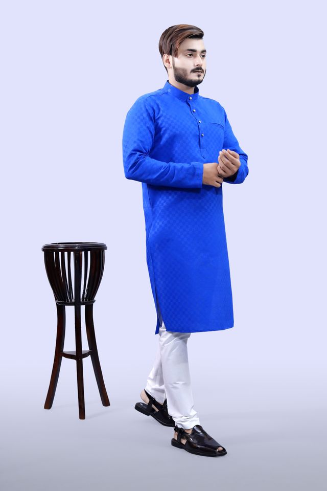 Tibra Collection Men Kurta - Blue | Block Pattern | Cotton Blend | S