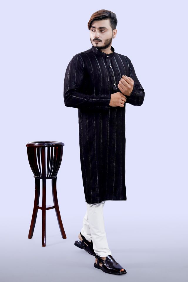 Tibra Collection Men Kurta - Black | Solid | Thin Striped | Cotton Blend | XL